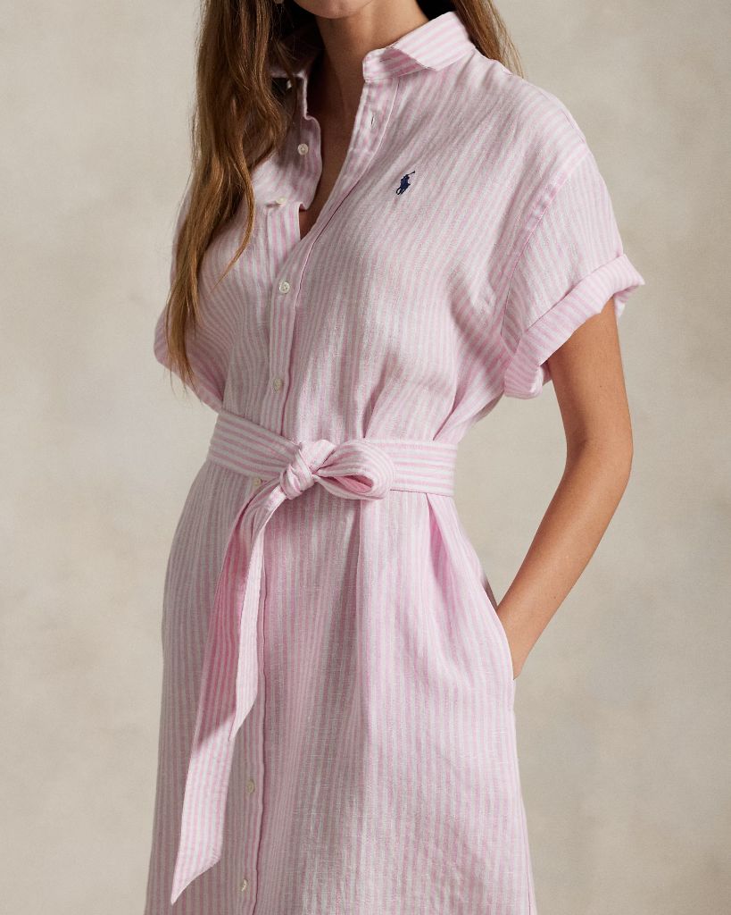 Gestreiftes Leinen-Kurzarm-Hemdkleid