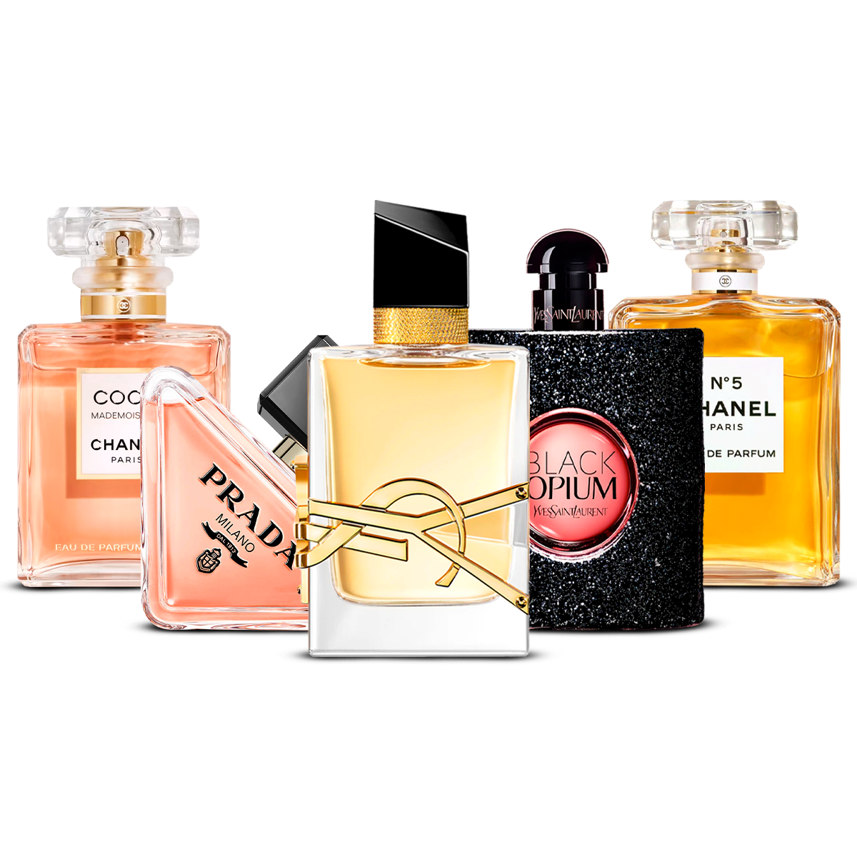Kombination av 5 kvinnoparfymer – Coco Mademoiselle, Prada Paradoxe, Libre, Black Opium och Chanel N°5 [100 ml vardera]