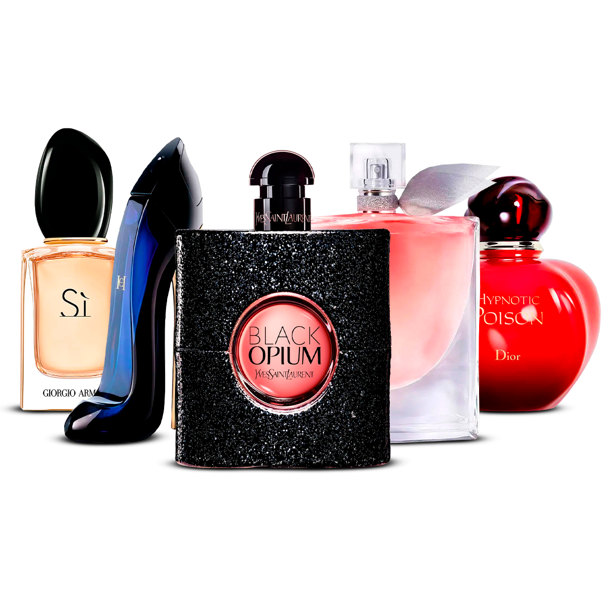 Kombination af 5 dameparfumer – Sì, Good Girl, Black Opium, La Vie Est Belle og Hypnotic Poison [100 ml hver]