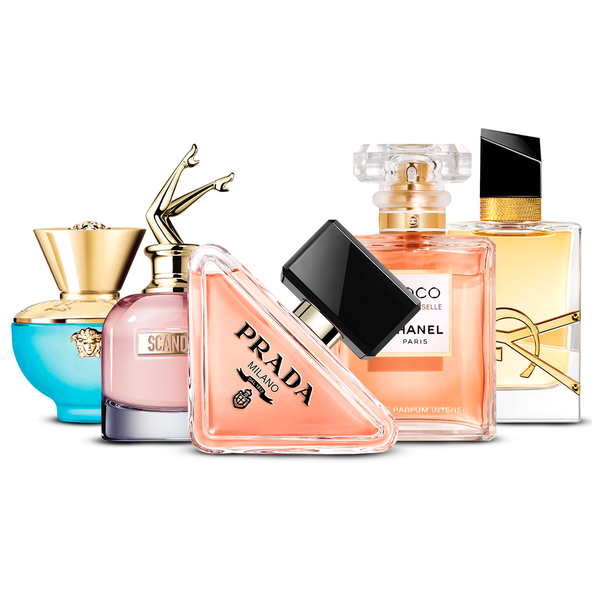 Combinación de 5 perfumes para mujer – Versace Dylan Turquoise, Scandal, Prada Paradoxe, Coco Mademoiselle y Yves Saint Laurent Libre [100 ml cada uno]