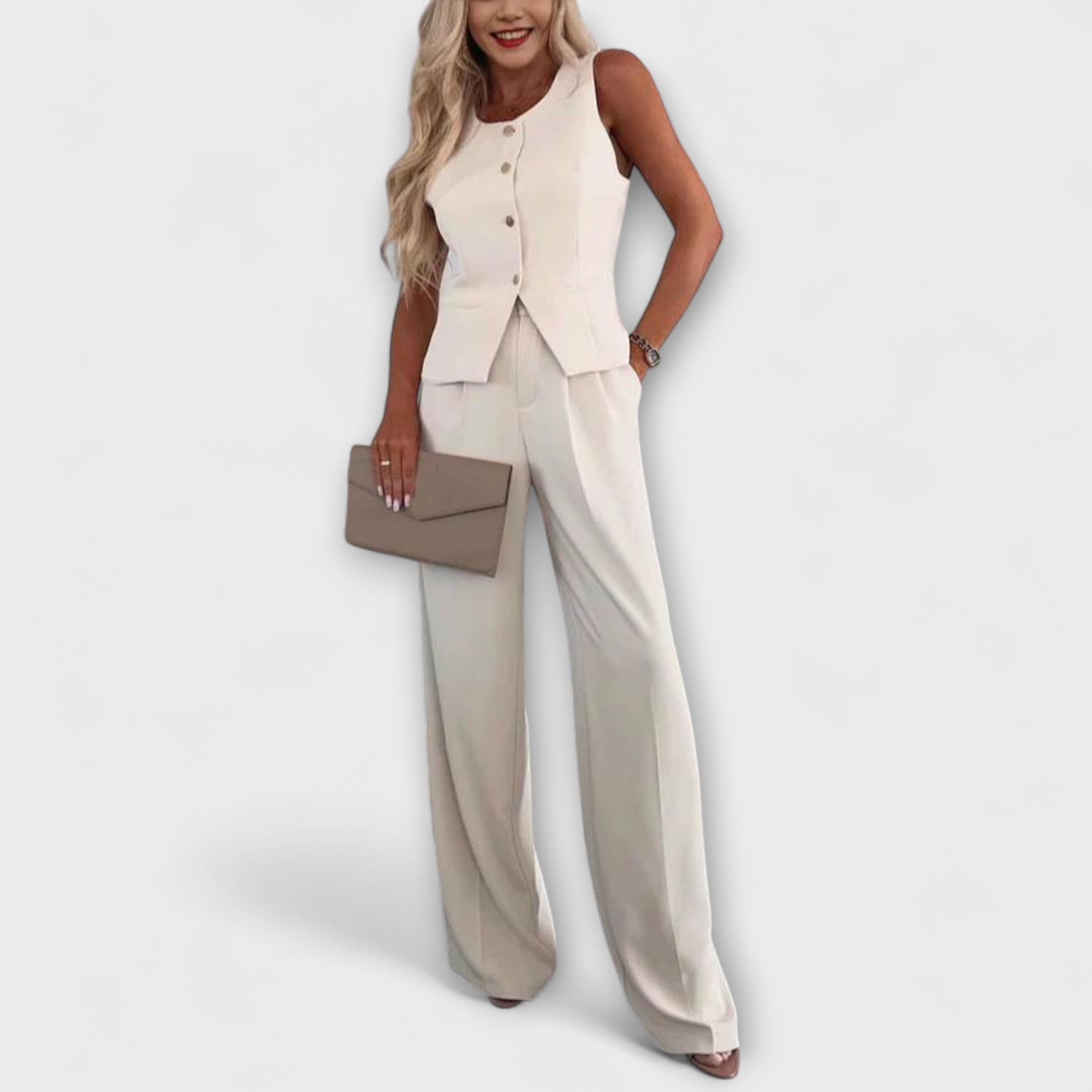Hazel - Set Due Pezzi Elegante con Gilet a V Monocromatico e Pantaloni